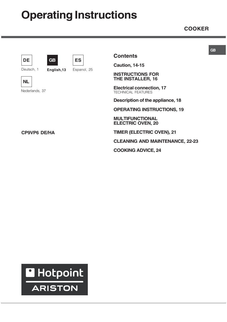 Operating instructions | Hotpoint Ariston CP9VP6 DE HA User Manual | Page 13 / 48