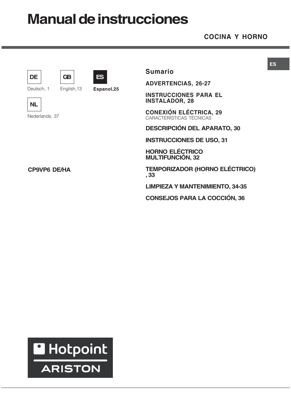 Manual de instrucciones | Hotpoint Ariston CP9VP6 DE HA User Manual | Page 25 / 48