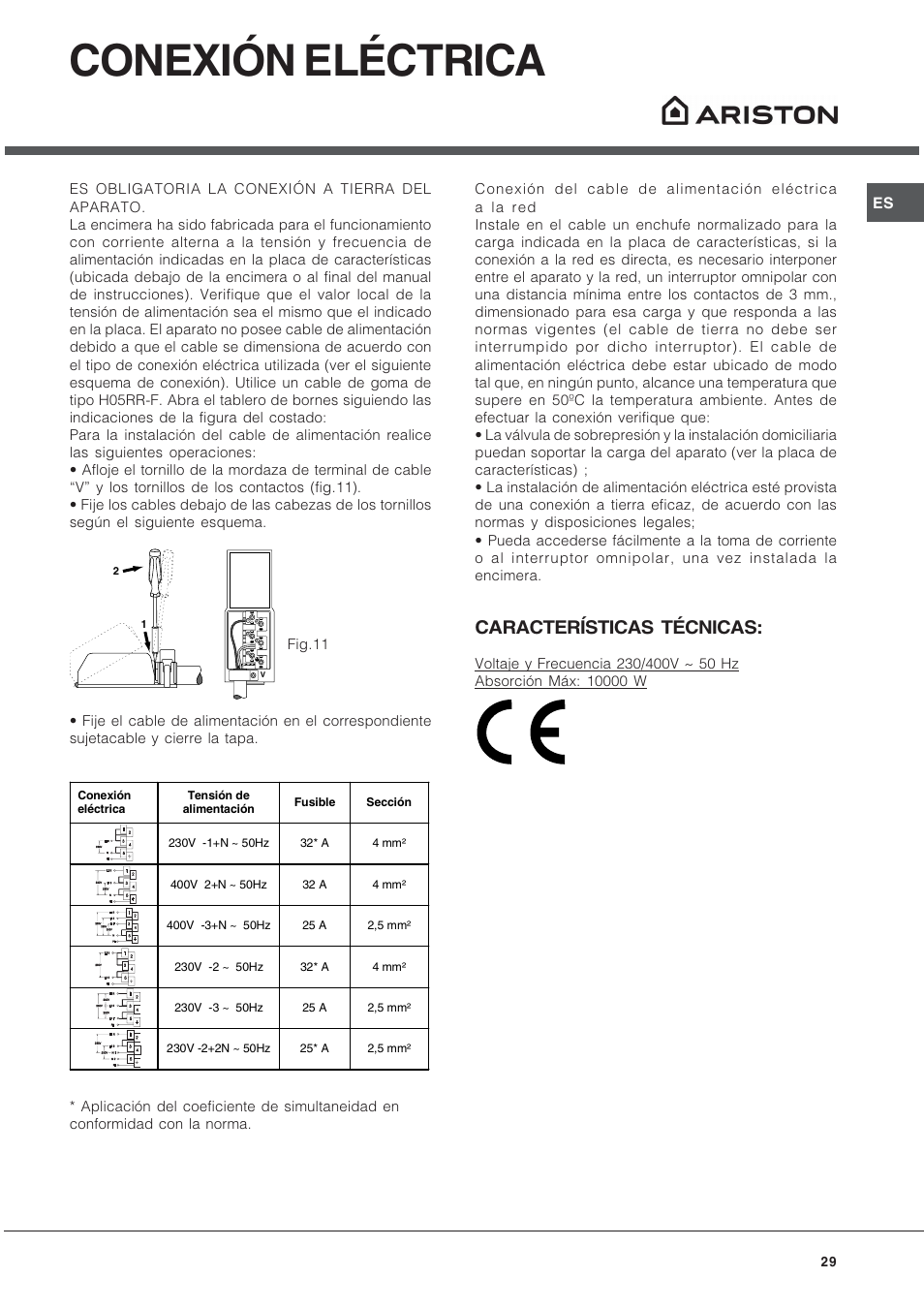 Conexión eléctrica, Características técnicas | Hotpoint Ariston CP9VP6 DE HA User Manual | Page 29 / 48