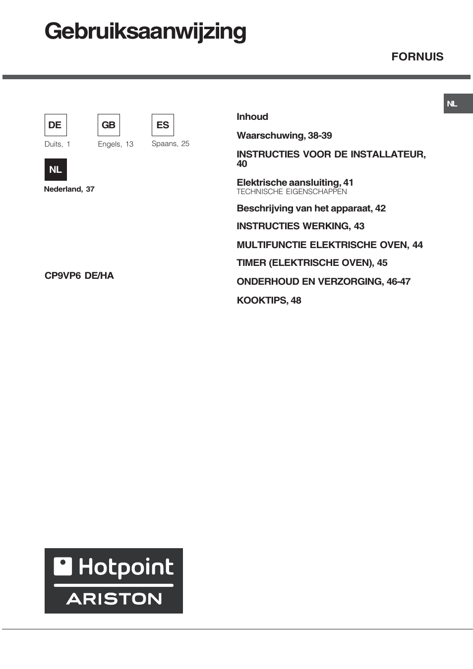 Gebruiksaanwijzing | Hotpoint Ariston CP9VP6 DE HA User Manual | Page 37 / 48