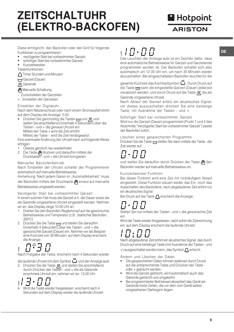 Zeitschaltuhr (elektro-backofen) | Hotpoint Ariston CP9VP6 DE HA User Manual | Page 9 / 48