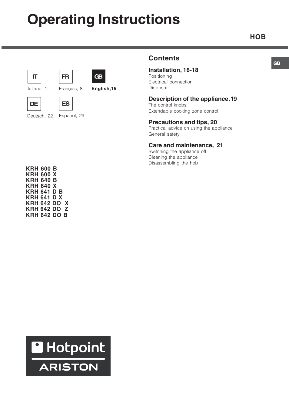 Operating instructions, Hob contents | Hotpoint Ariston KRH 642 DO X User Manual | Page 15 / 36