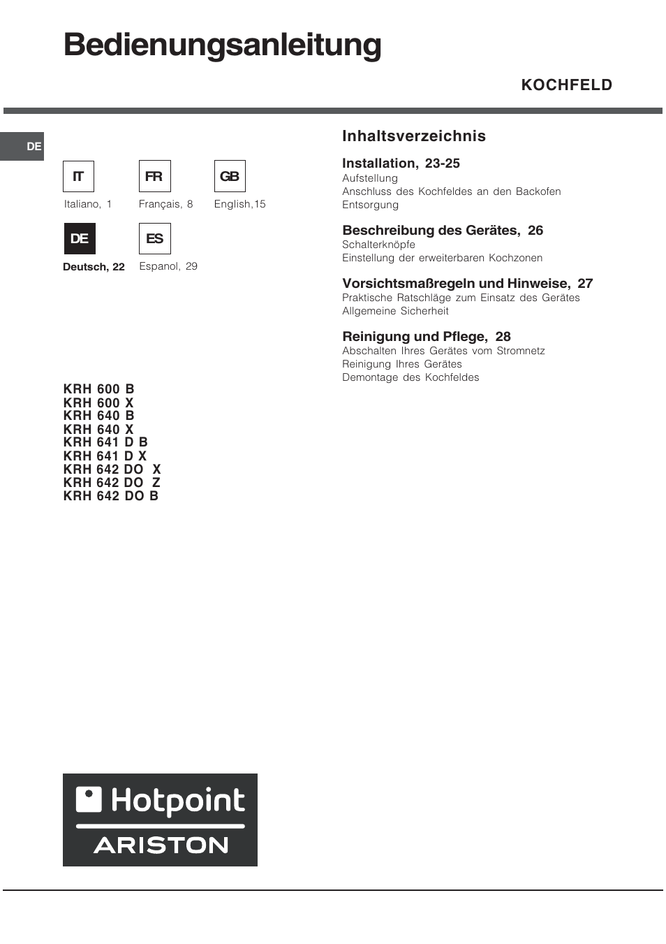 Bedienungsanleitung, Kochfeld inhaltsverzeichnis | Hotpoint Ariston KRH 642 DO X User Manual | Page 22 / 36