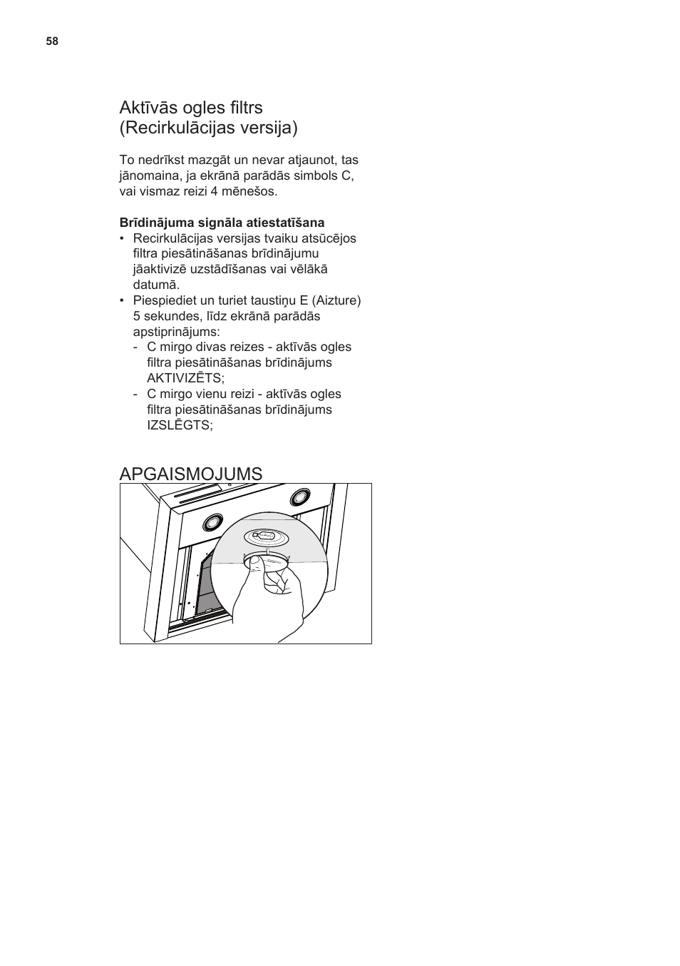 Aktīvās ogles filtrs (recirkulācijas versija), Apgaismojums | AEG X59143MD0 User Manual | Page 58 / 72