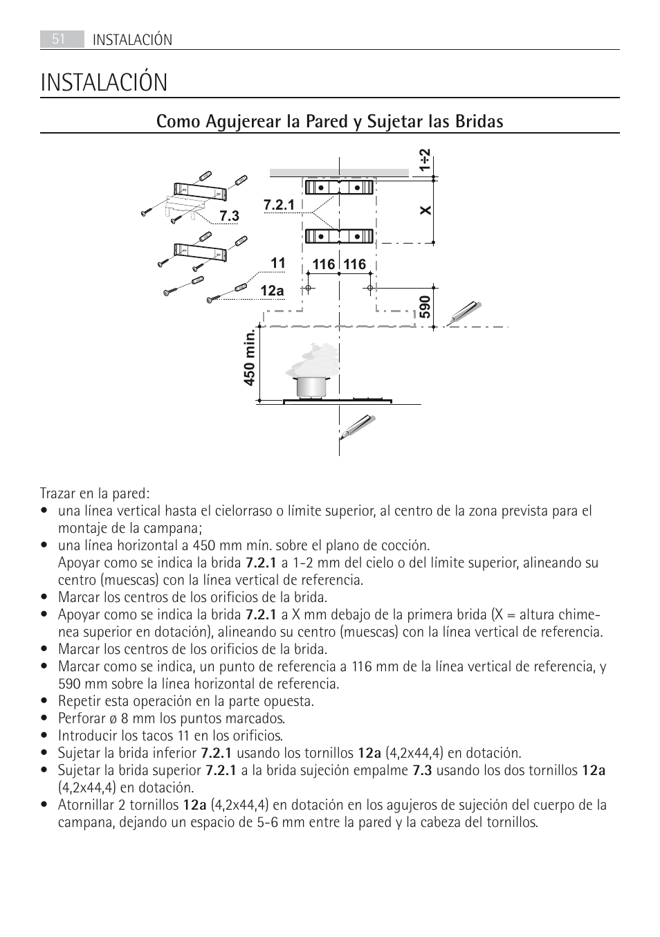 Instalación, Como agujerear la pared y sujetar las bridas | AEG DD8694-M User Manual | Page 51 / 68