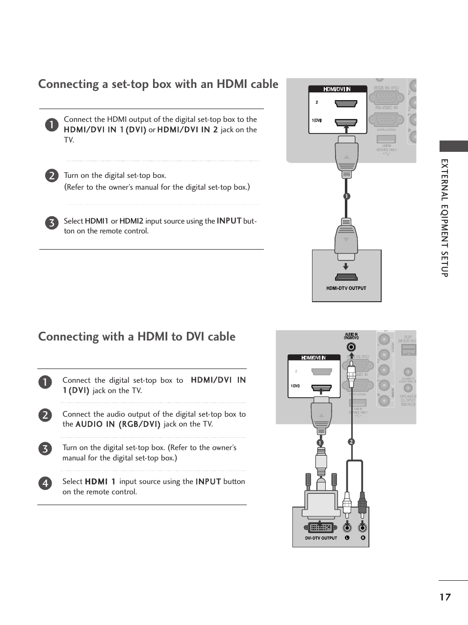 Connecting a set-top box with an hdmi cable, Connecting with a hdmi to dvi cable | LG 26LG300C User Manual | Page 19 / 97