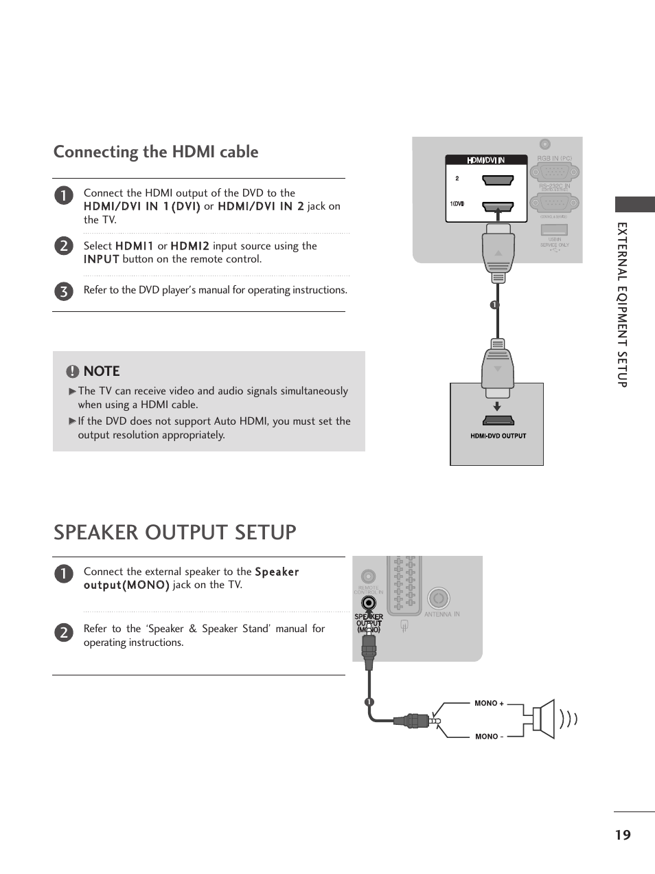 Speaker output setup, Connecting the hdmi cable | LG 26LG300C User Manual | Page 21 / 97