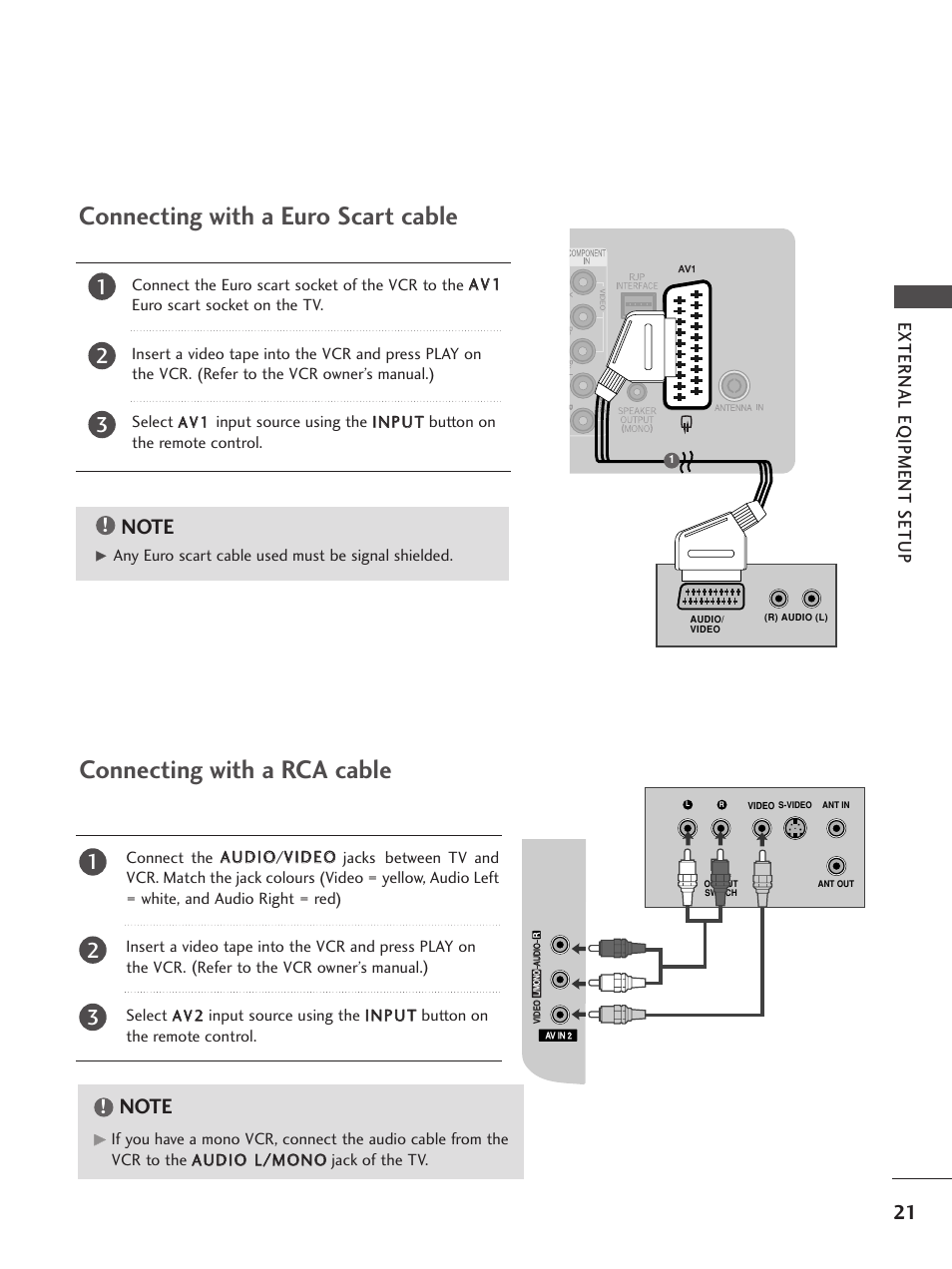 Connecting with a euro scart cable, Connecting with a rca cable, External e qipment setup | LG 26LG300C User Manual | Page 23 / 97
