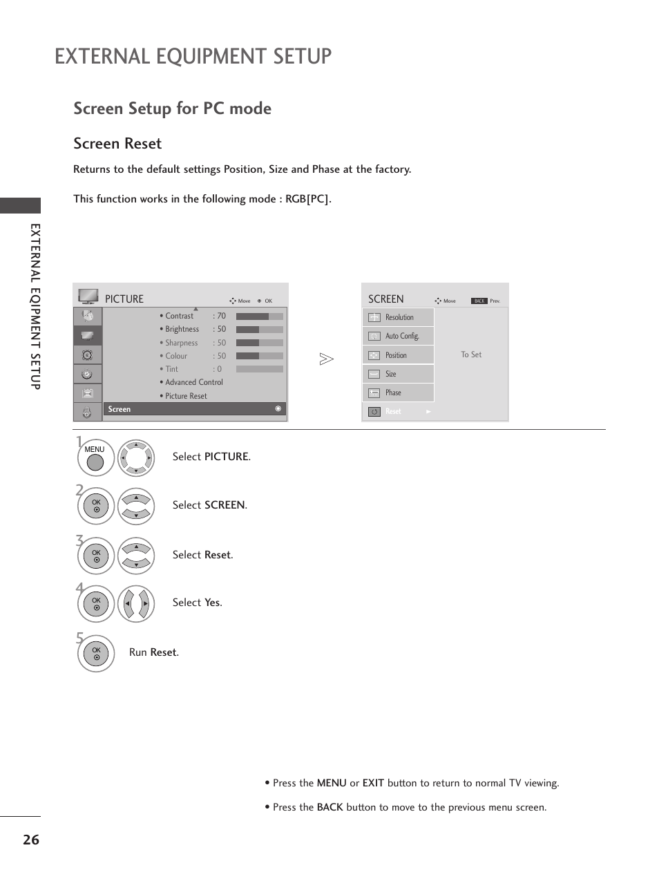 External equipment setup, Screen setup for pc mode, Screen reset 1 | External e qipment setup | LG 26LG300C User Manual | Page 28 / 97