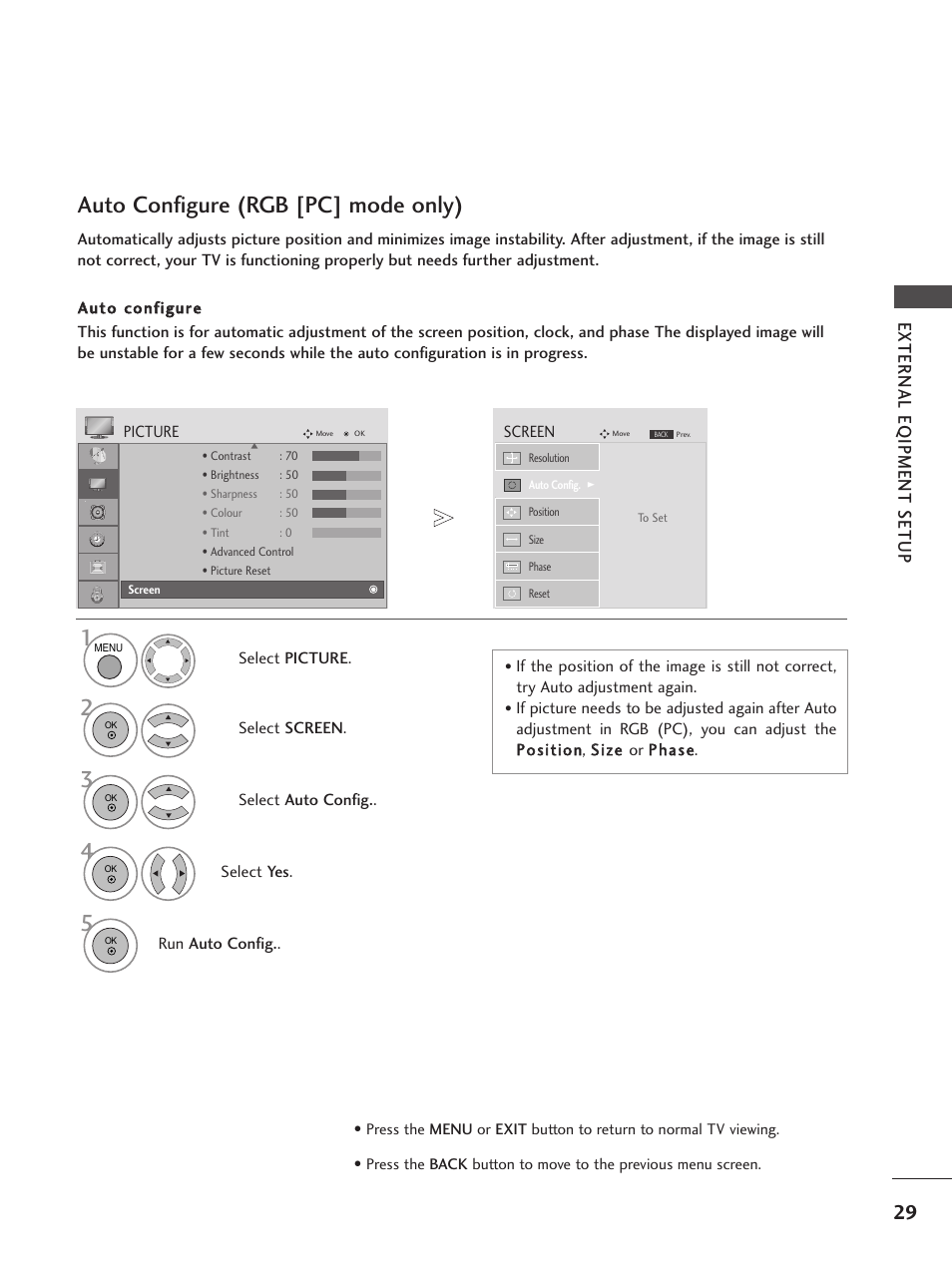 Auto configure (rgb [pc] mode only), External e qipment setup | LG 26LG300C User Manual | Page 31 / 97