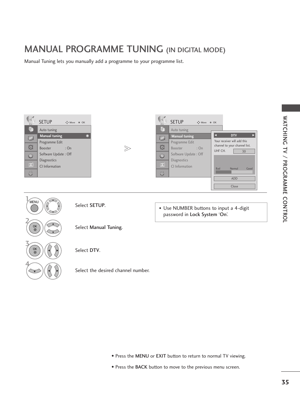 Manual programme tuning, Wa tching tv / pr ogr amme contr ol | LG 26LG300C User Manual | Page 37 / 97