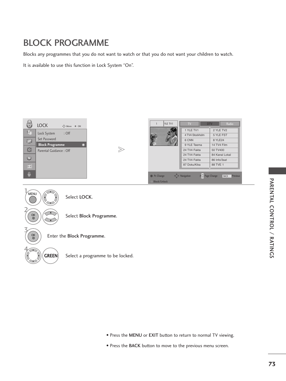 Block programme, Parent al contr ol / r a tings | LG 26LG300C User Manual | Page 75 / 97