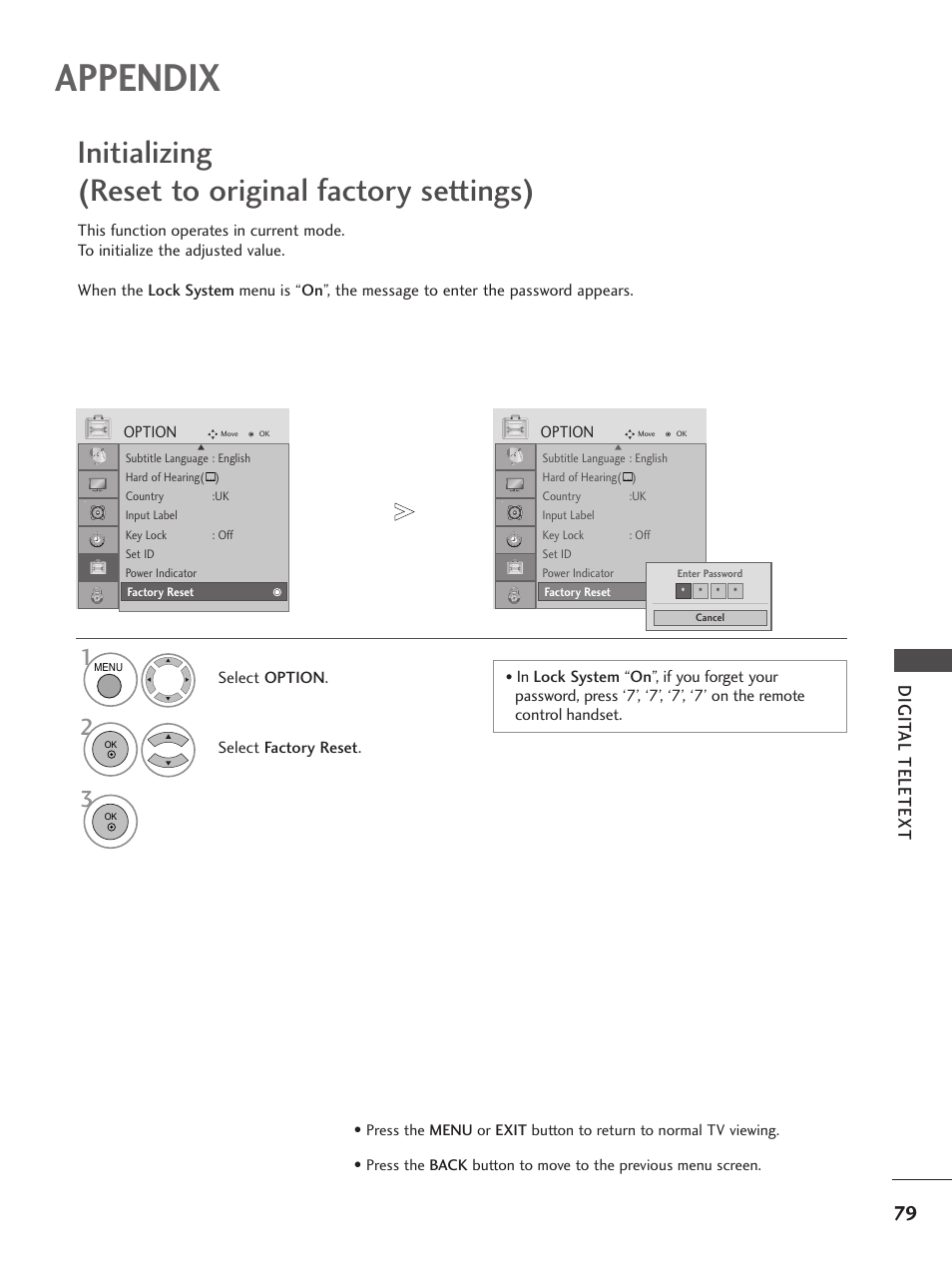 Appendix, Initializing (reset to original factory settings), Digit al teletext | LG 26LG300C User Manual | Page 81 / 97