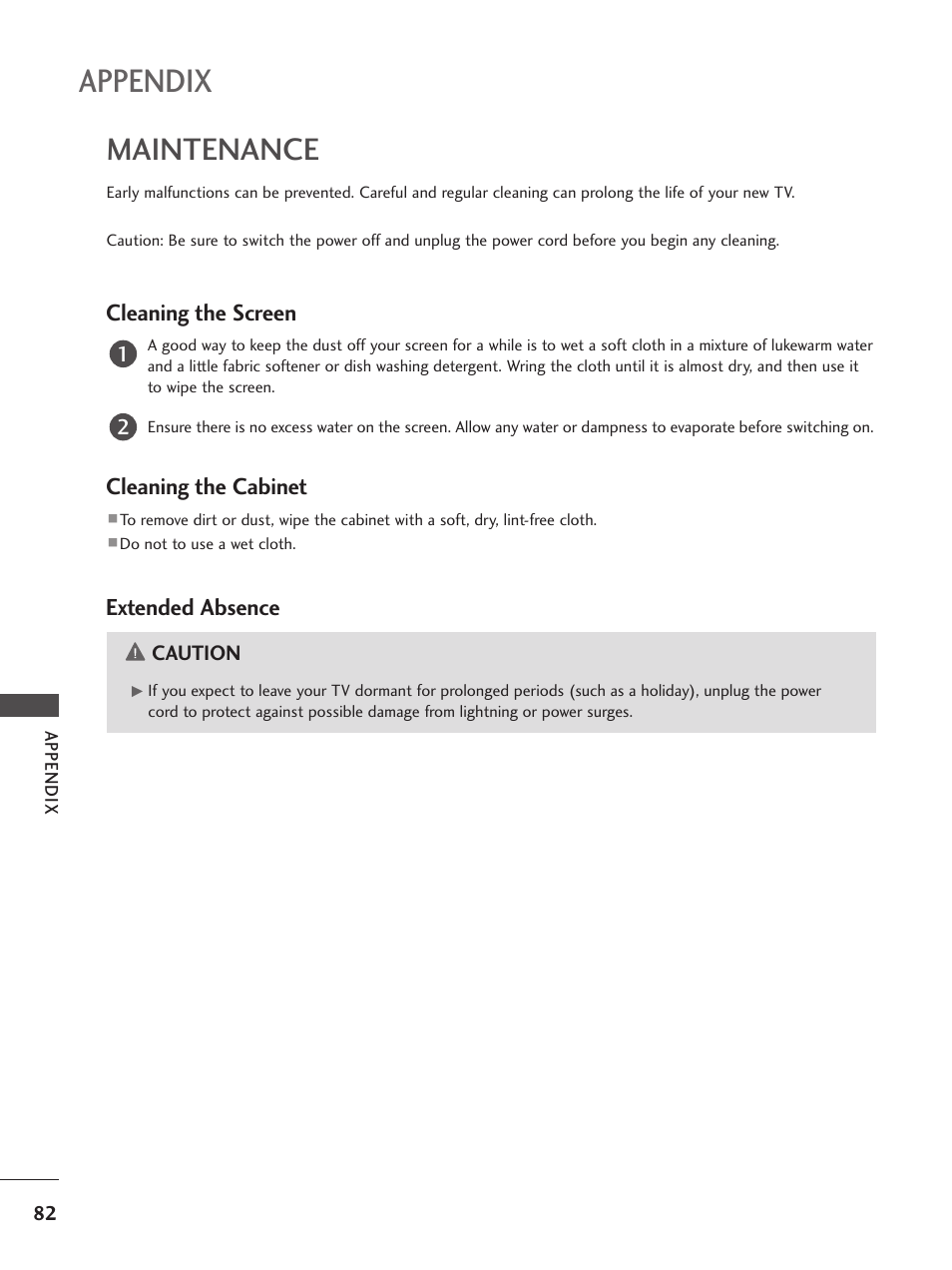 Appendix, Maintenance, Cleaning the screen | Cleaning the cabinet, Extended absence | LG 26LG300C User Manual | Page 84 / 97