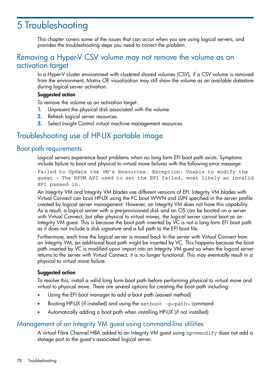 5 troubleshooting, Troubleshooting use of hp-ux portable image, Boot path requirements | HP Matrix Operating Environment Software User Manual | Page 78 / 99