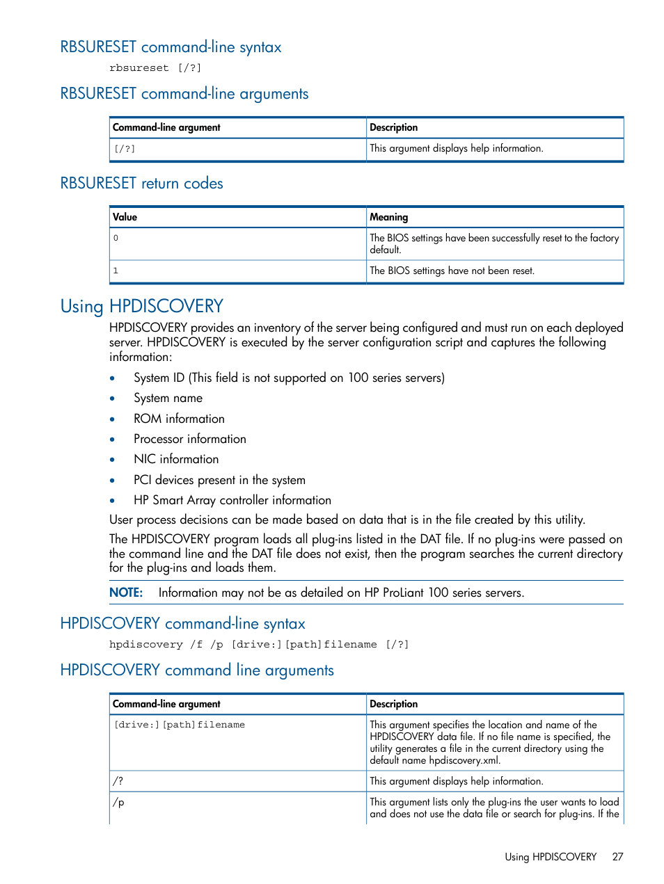 Rbsureset command-line syntax, Rbsureset command-line arguments, Rbsureset return codes | Using hpdiscovery, Hpdiscovery command-line syntax, Hpdiscovery command line arguments | HP ProLiant DL380 Server User Manual | Page 27 / 67