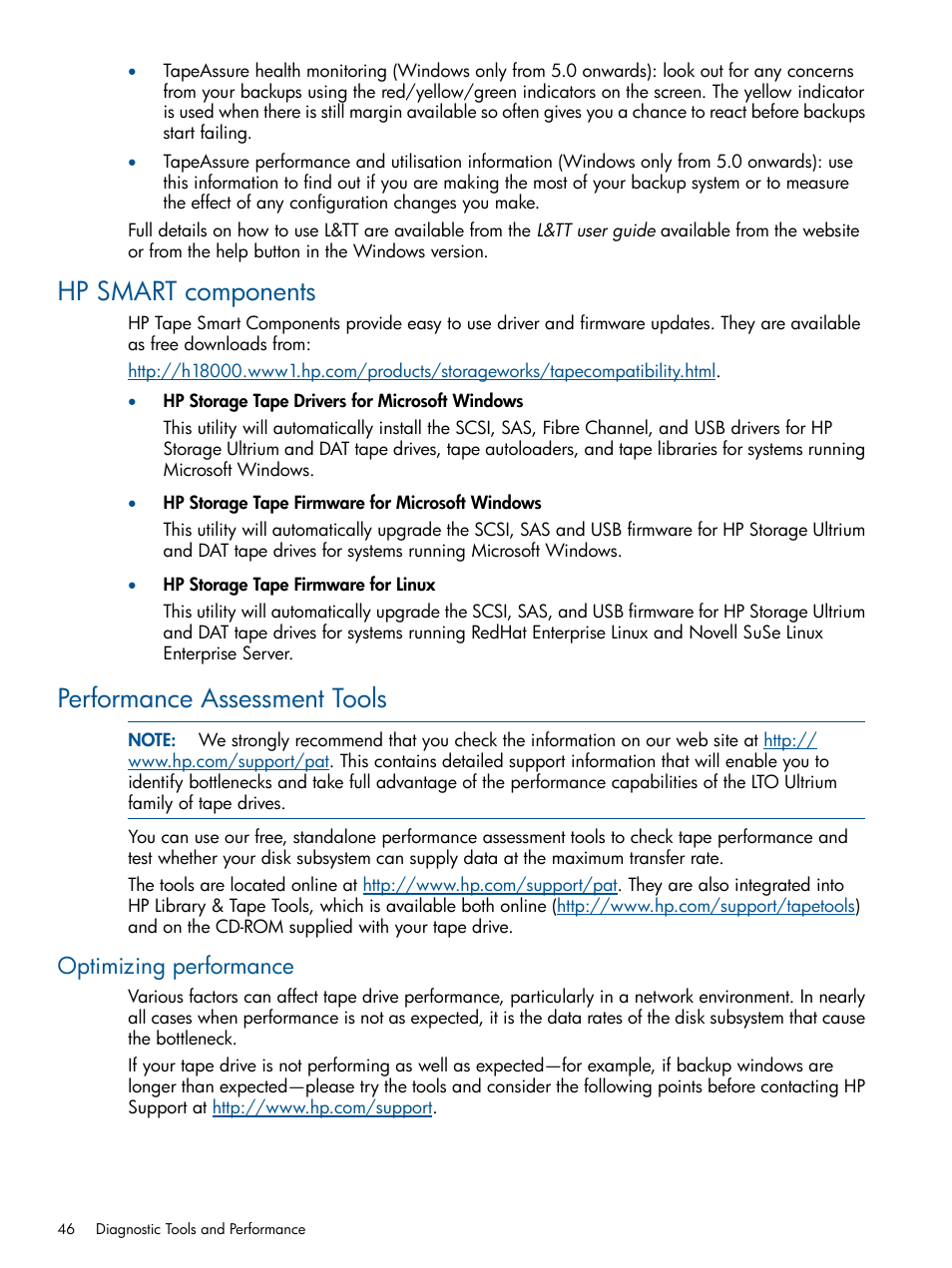 Hp smart components, Performance assessment tools, Optimizing performance | Hp smart components performance assessment tools | HP StoreEver Ultrium Tape Drives User Manual | Page 46 / 61