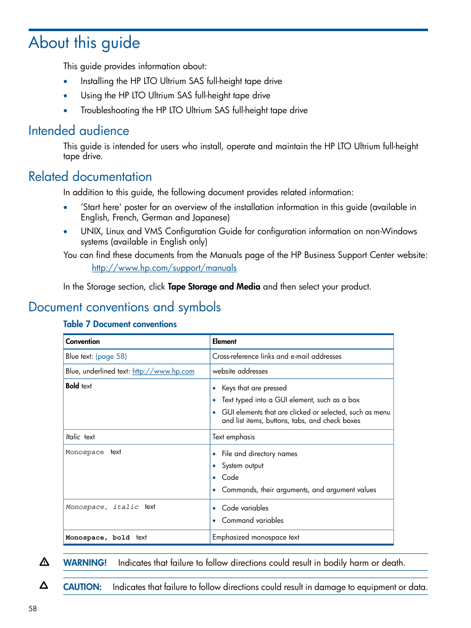 About this guide, Intended audience, Related documentation | Document conventions and symbols | HP StoreEver Ultrium Tape Drives User Manual | Page 58 / 61
