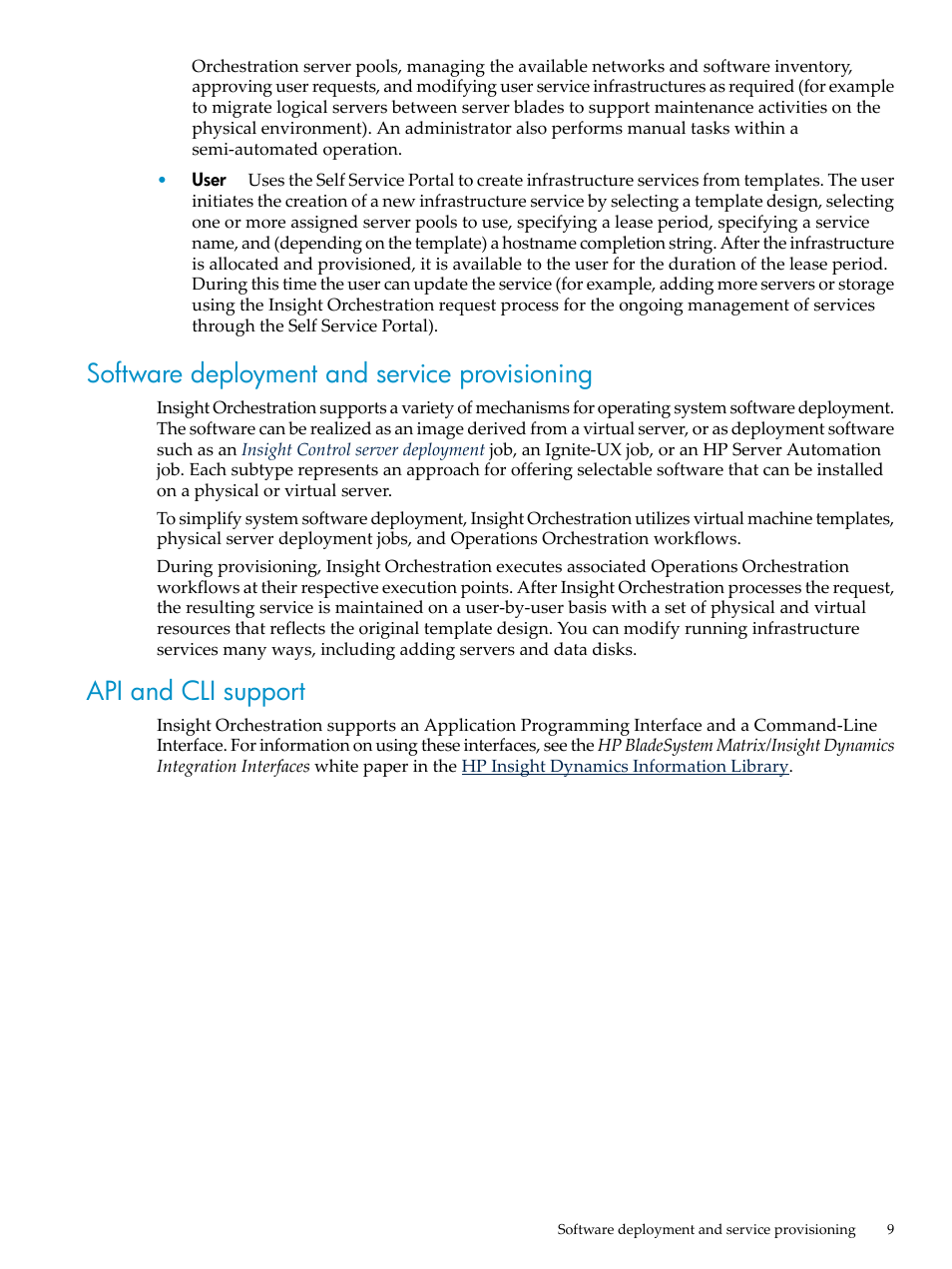 Software deployment and service provisioning, Api and cli support | HP Matrix Operating Environment Software User Manual | Page 9 / 128