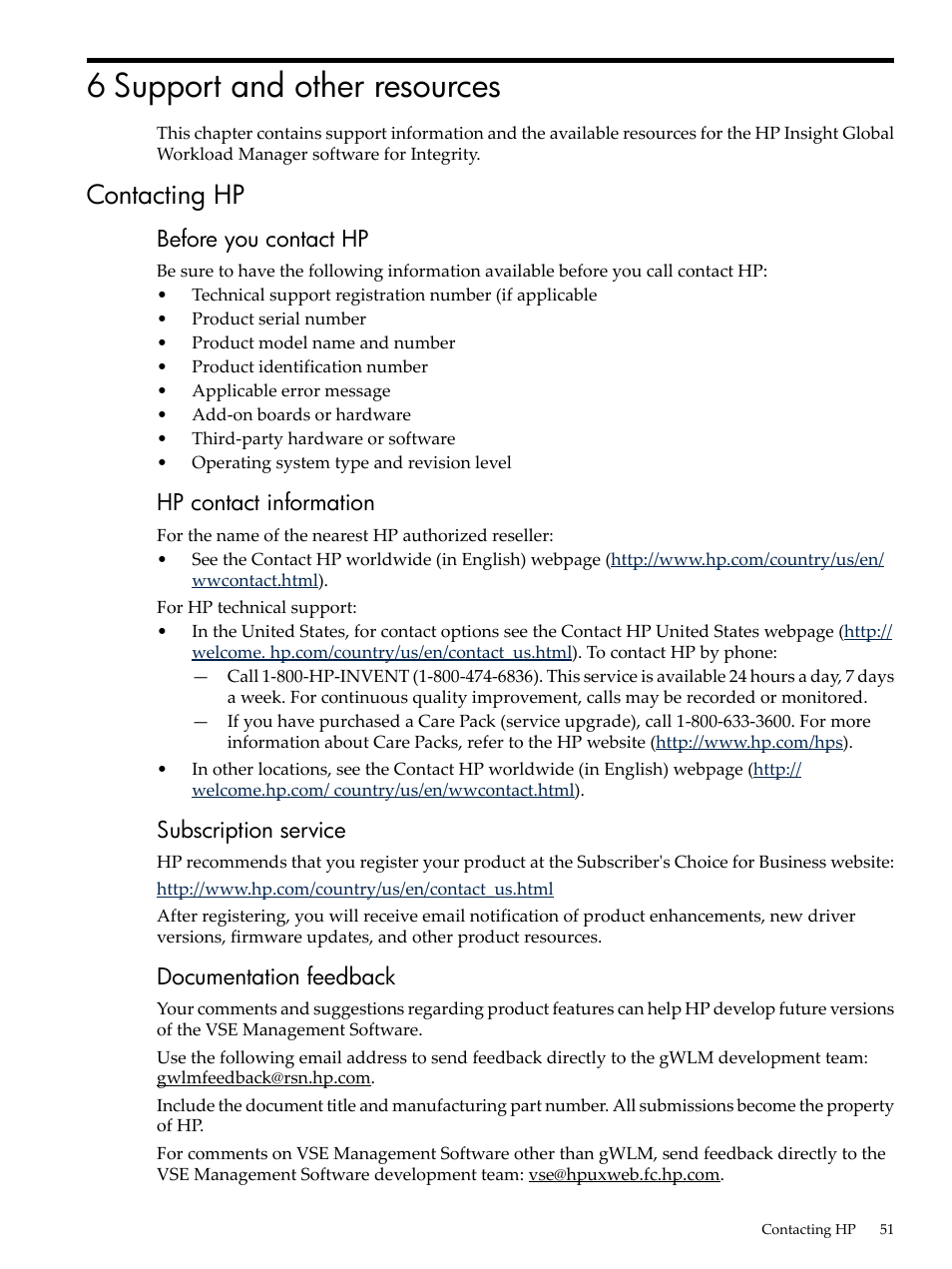 6 support and other resources, Contacting hp, Before you contact hp | Hp contact information, Subscription service, Documentation feedback | HP Matrix Operating Environment Software User Manual | Page 51 / 68
