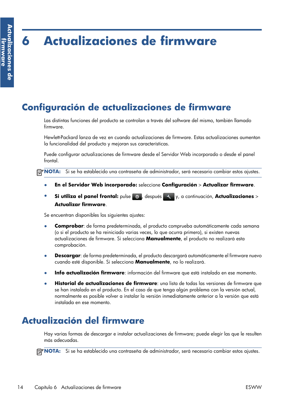 Actualizaciones de firmware, Configuración de actualizaciones de firmware, Actualización del firmware | 6 actualizaciones de firmware | HP Серия принтеров HP Designjet T1300 ePrinter User Manual | Page 103 / 412