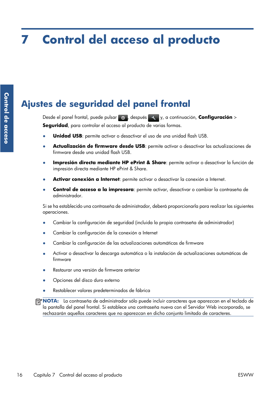 Control del acceso al producto, Ajustes de seguridad del panel frontal, 7 control del acceso al producto | HP Серия принтеров HP Designjet T1300 ePrinter User Manual | Page 105 / 412