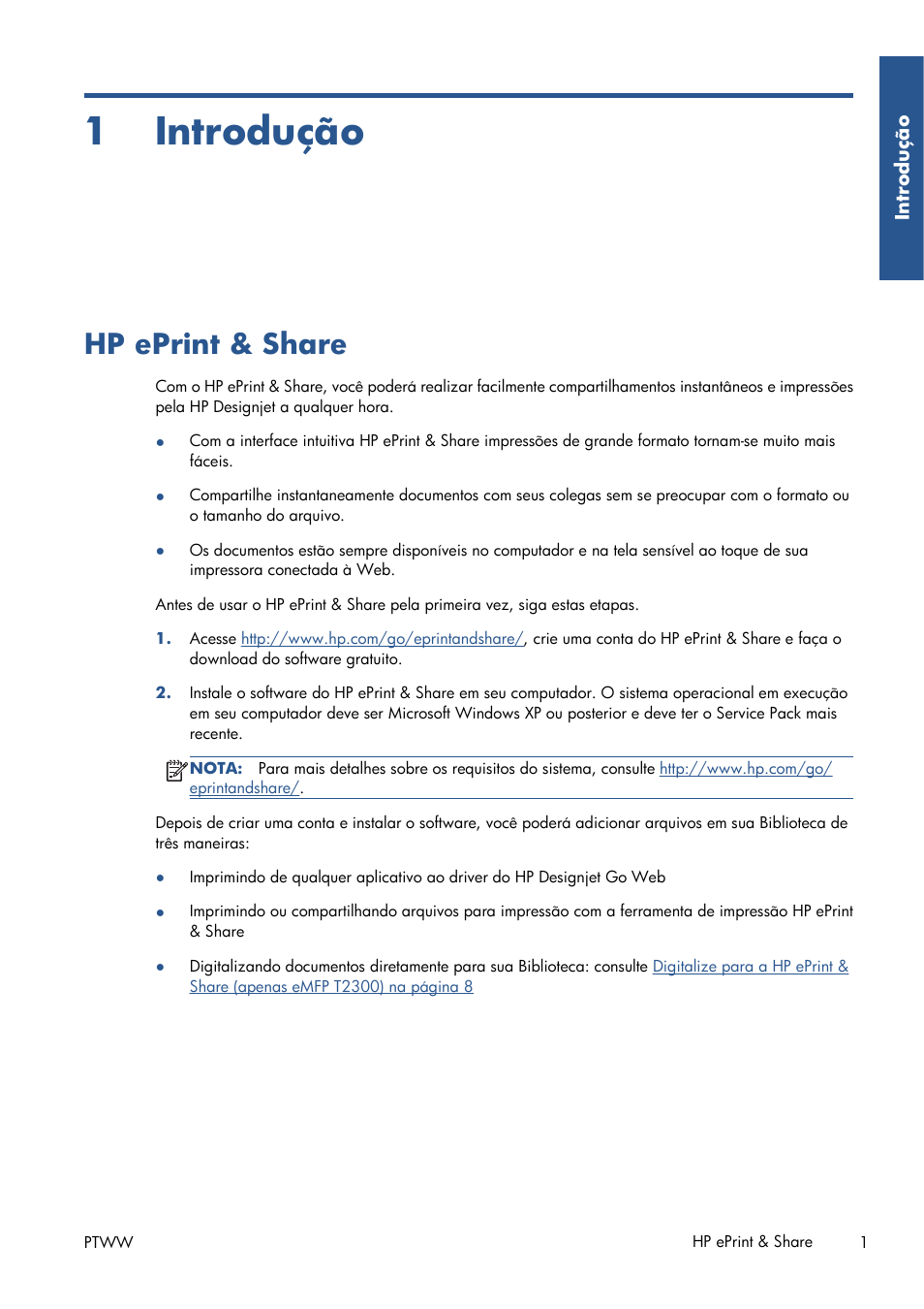 Introdução, Hp eprint & share, 1 introdução | HP Серия принтеров HP Designjet T1300 ePrinter User Manual | Page 111 / 412