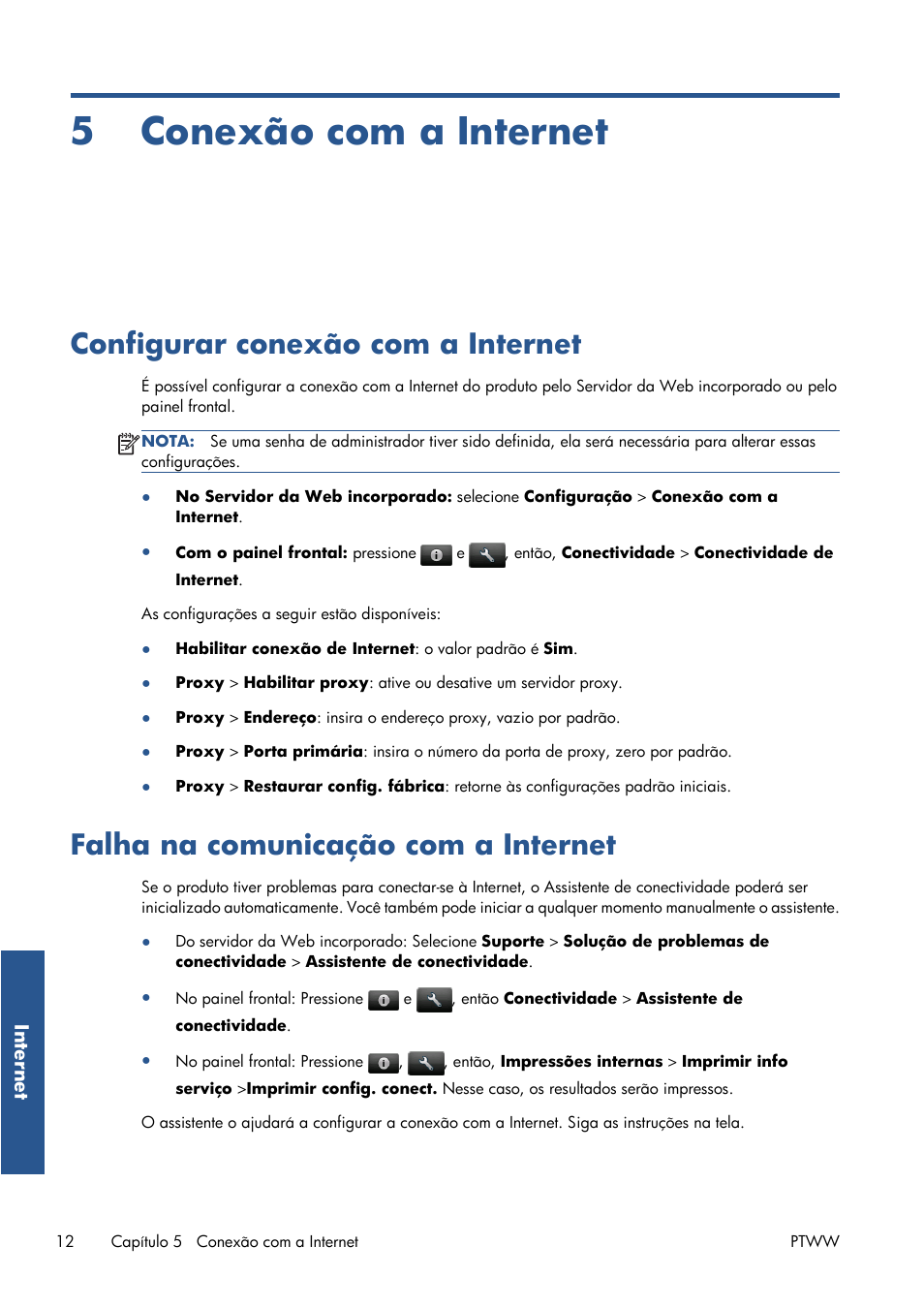 Conexão com a internet, Configurar conexão com a internet, Falha na comunicação com a internet | 5 conexão com a internet | HP Серия принтеров HP Designjet T1300 ePrinter User Manual | Page 122 / 412