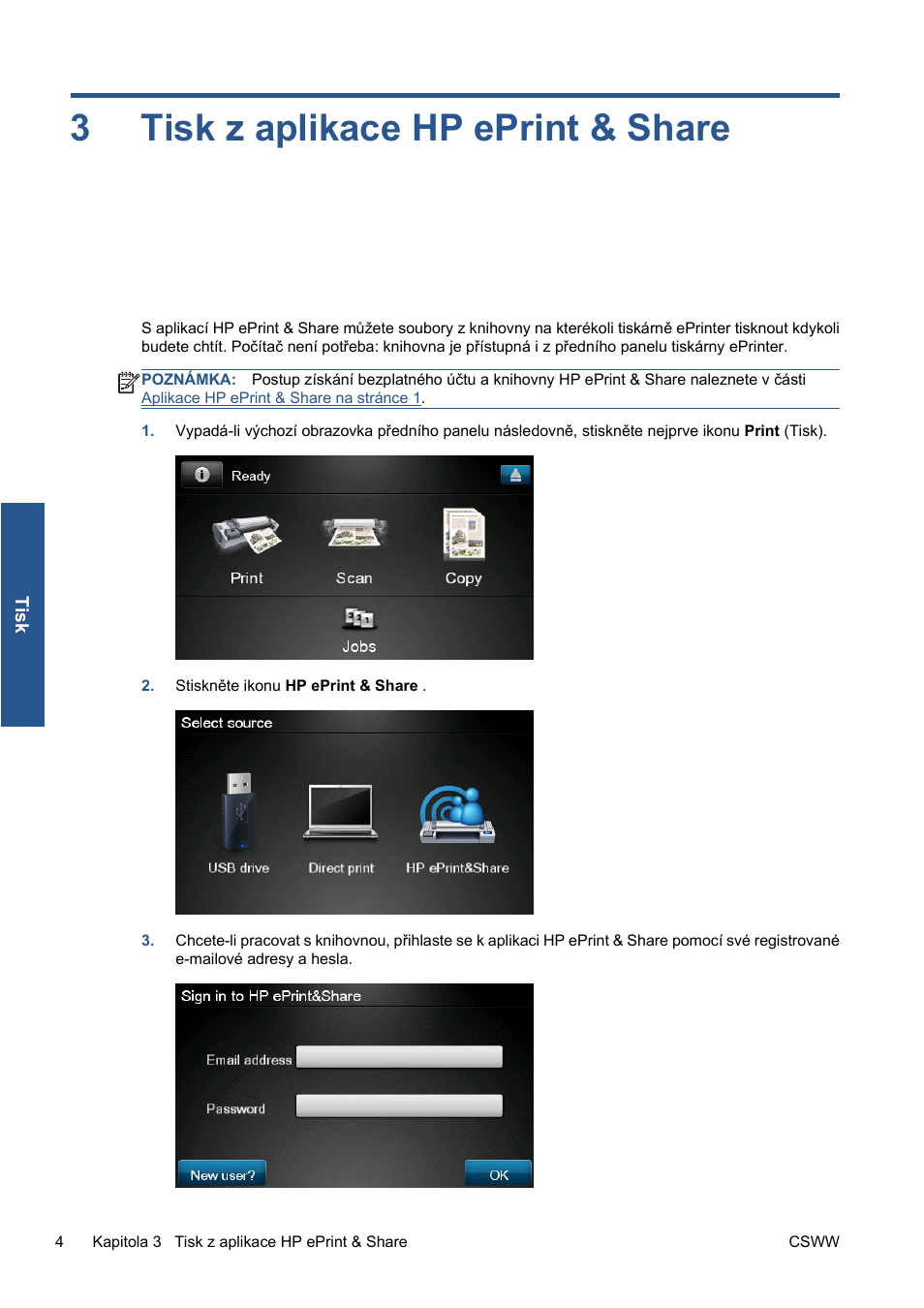 Tisk z aplikace hp eprint & share, 3 tisk z aplikace hp eprint & share, Tisk z aplikace hp eprint | Share na stránce 4, 3tisk z aplikace hp eprint & share | HP Серия принтеров HP Designjet T1300 ePrinter User Manual | Page 156 / 412