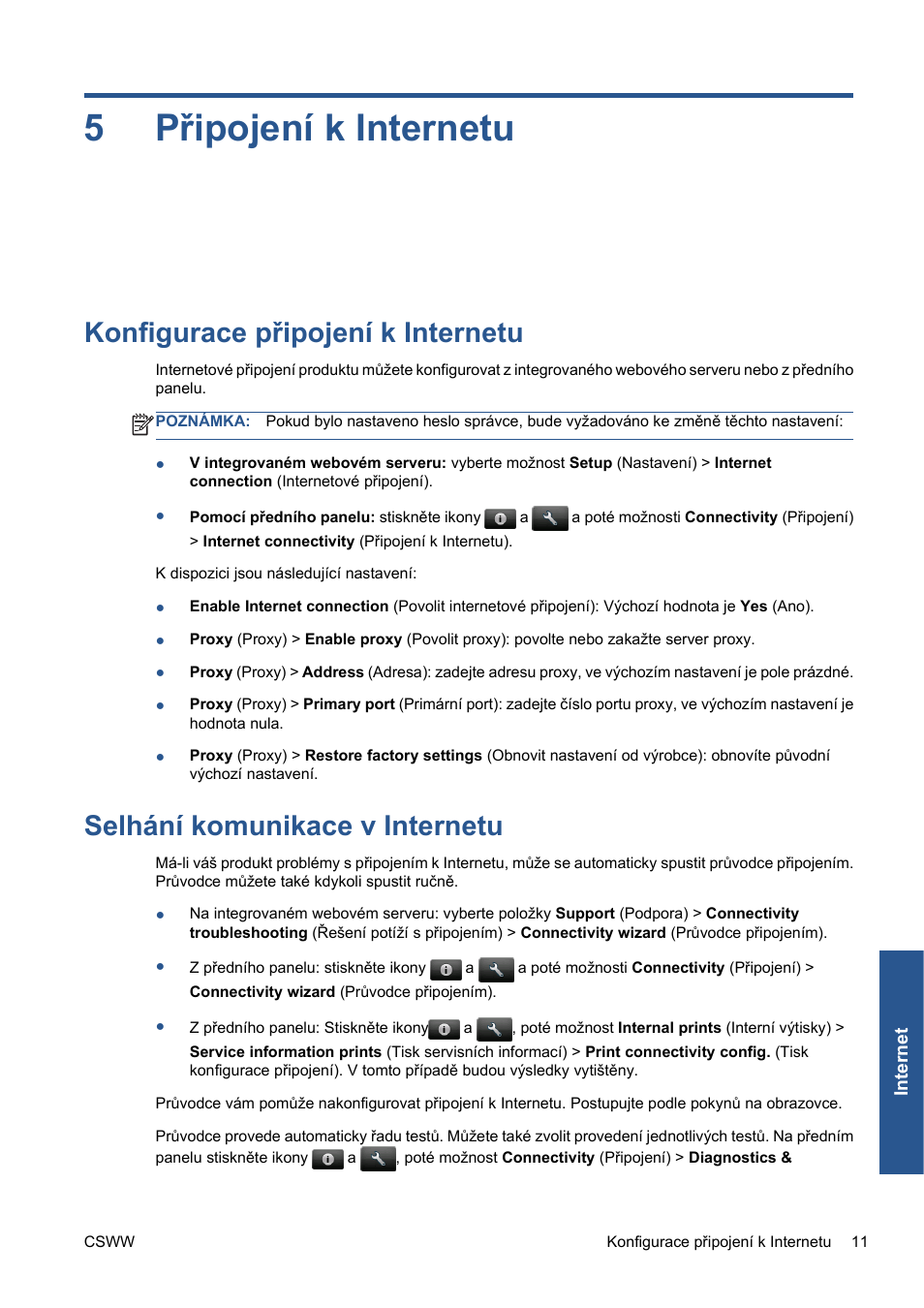 Připojení k internetu, Konfigurace připojení k internetu, Selhání komunikace v internetu | 5 připojení k internetu, Selhání komunikace v internetu na stránce 11, 5připojení k internetu | HP Серия принтеров HP Designjet T1300 ePrinter User Manual | Page 163 / 412