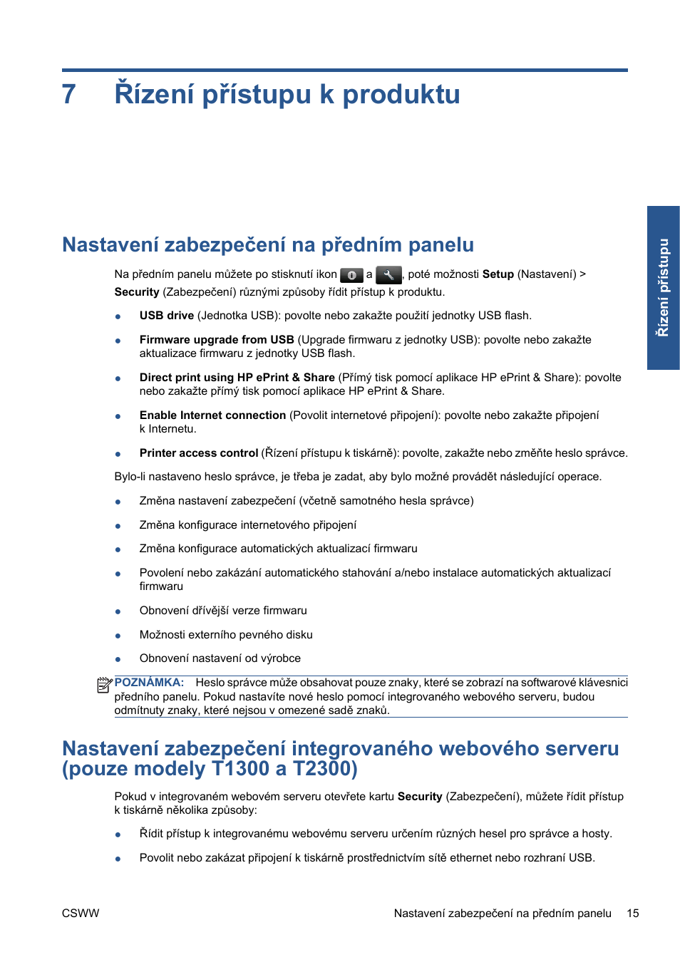 Řízení přístupu k produktu, Nastavení zabezpečení na předním panelu, 7 řízení přístupu k produktu | Řízení přístupu k produktu na stránce 15, 7řízení přístupu k produktu | HP Серия принтеров HP Designjet T1300 ePrinter User Manual | Page 167 / 412
