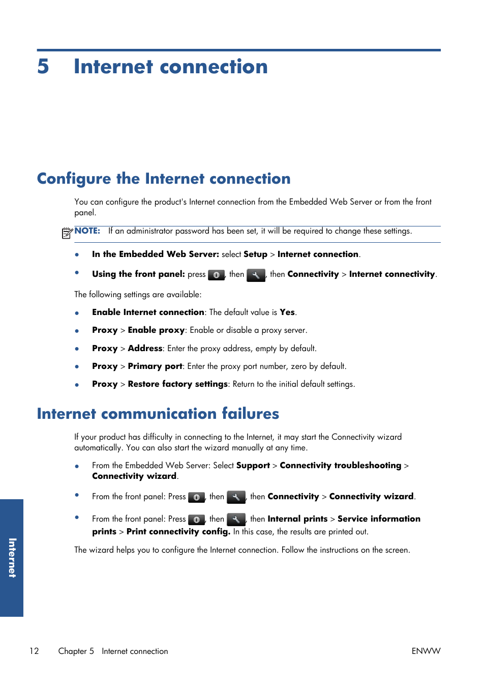 Internet connection, Configure the internet connection, Internet communication failures | 5 internet connection, Wizard; see | HP Серия принтеров HP Designjet T1300 ePrinter User Manual | Page 17 / 412