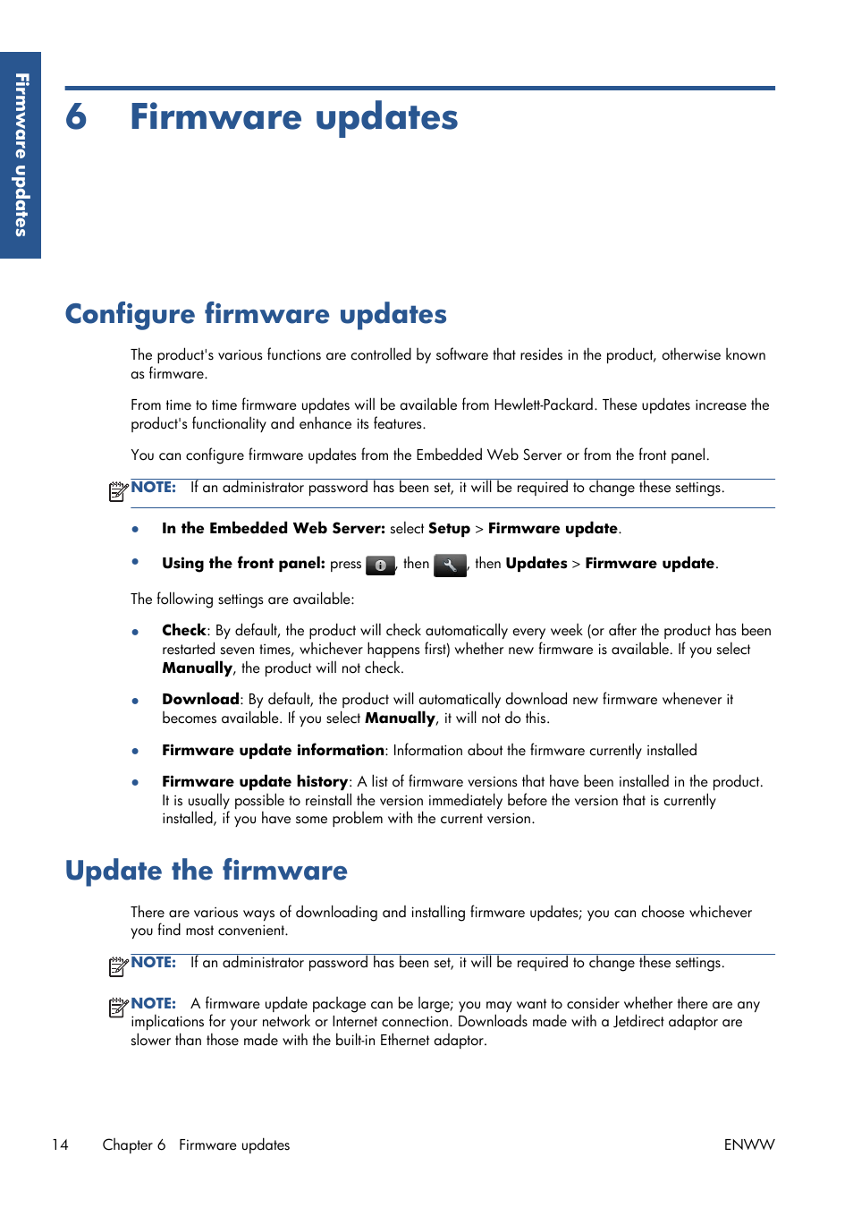 Firmware updates, Configure firmware updates, Update the firmware | 6 firmware updates, Configure firmware updates update the firmware, Ly; see | HP Серия принтеров HP Designjet T1300 ePrinter User Manual | Page 19 / 412
