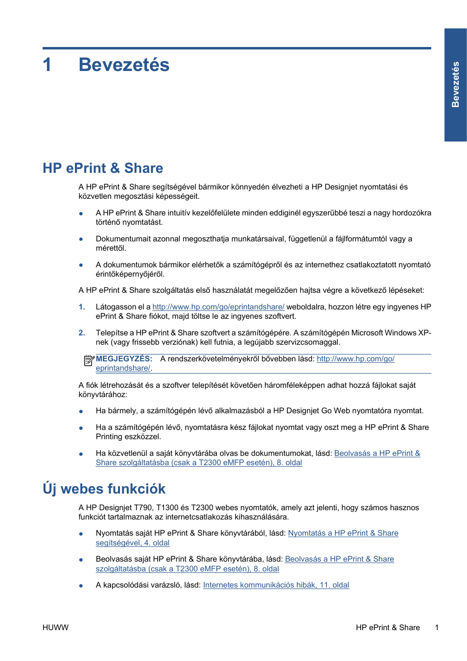 Bevezetés, Hp eprint & share, Új webes funkciók | 1 bevezetés, Hp eprint & share új webes funkciók, 1bevezetés | HP Серия принтеров HP Designjet T1300 ePrinter User Manual | Page 194 / 412