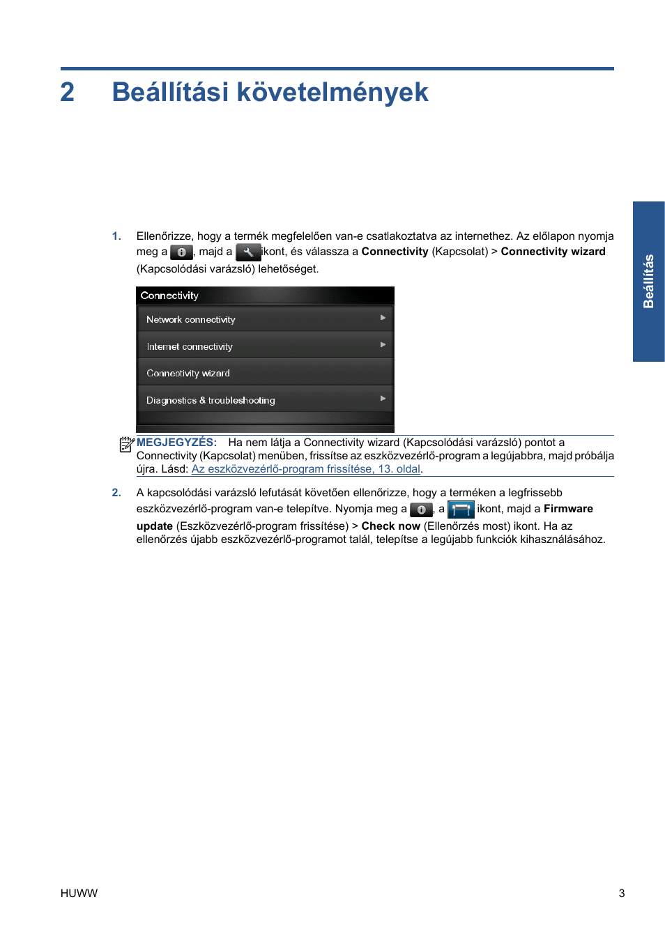 Beállítási követelmények, 2 beállítási követelmények, Beállítási követelmények, 3. oldal | 2beállítási követelmények | HP Серия принтеров HP Designjet T1300 ePrinter User Manual | Page 196 / 412