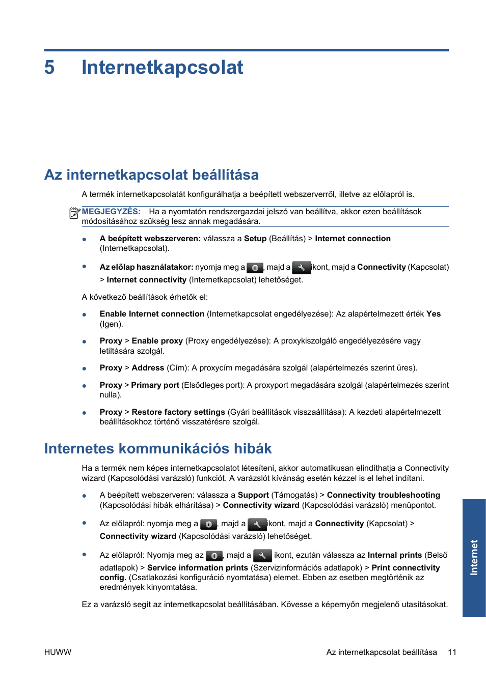Internetkapcsolat, Az internetkapcsolat beállítása, Internetes kommunikációs hibák | 5 internetkapcsolat, Internetes kommunikációs hibák, 11. oldal, 5internetkapcsolat | HP Серия принтеров HP Designjet T1300 ePrinter User Manual | Page 204 / 412