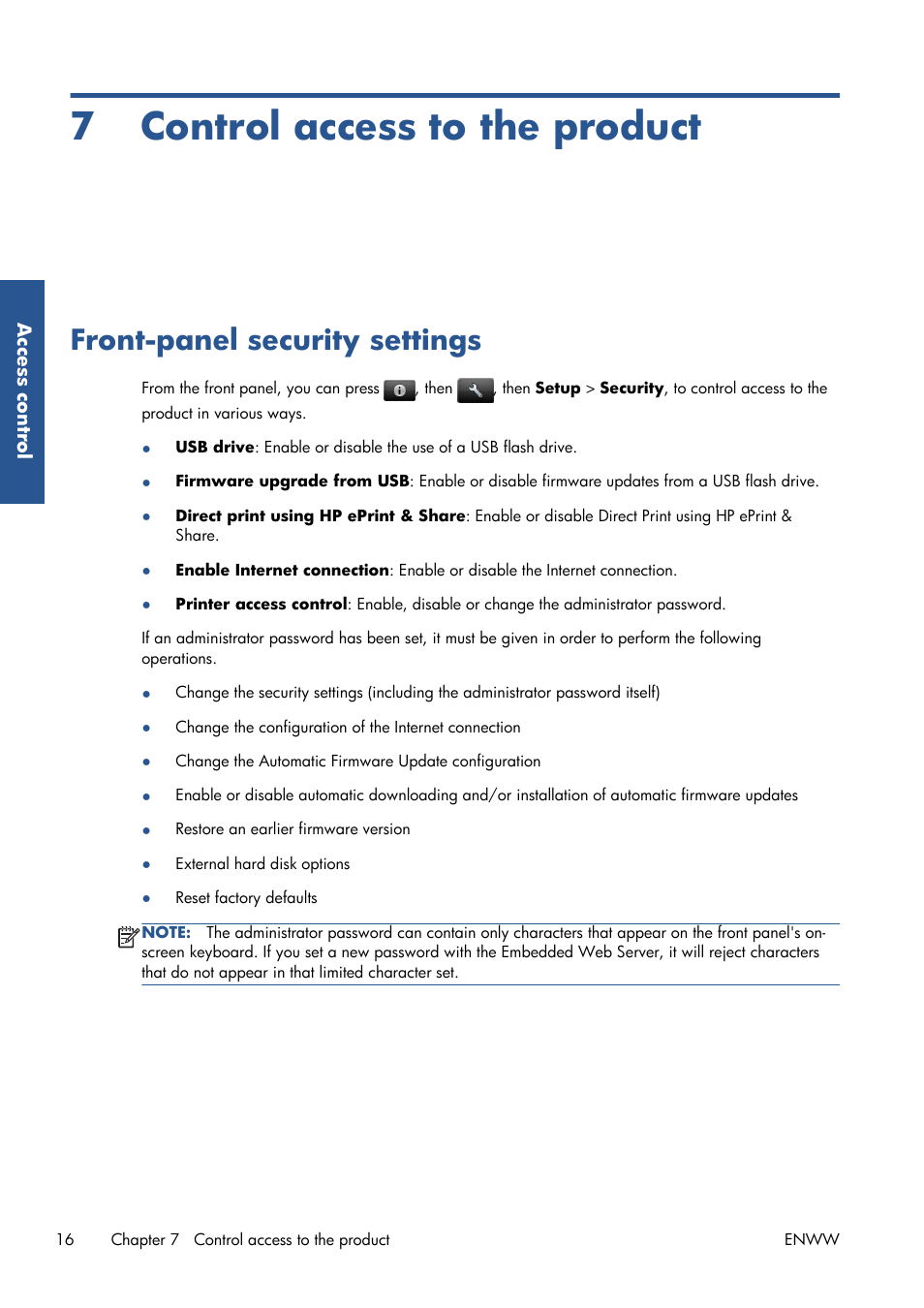 Control access to the product, Front-panel security settings, 7 control access to the product | HP Серия принтеров HP Designjet T1300 ePrinter User Manual | Page 21 / 412