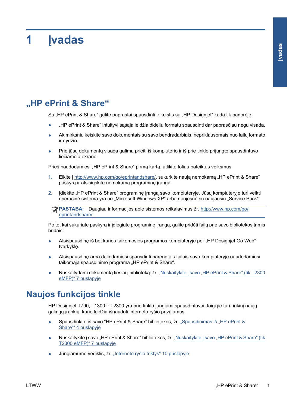 Įvadas, Hp eprint & share, Naujos funkcijos tinkle | 1 įvadas, Hp eprint & share“ naujos funkcijos tinkle, 1įvadas | HP Серия принтеров HP Designjet T1300 ePrinter User Manual | Page 214 / 412