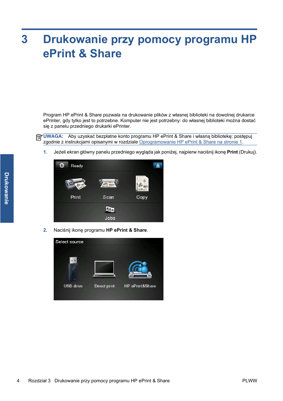 Drukowanie przy pomocy programu hp eprint & share, Drukowanie przy, Pomocy programu hp eprint & share na stronie 4 | 3drukowanie przy pomocy programu hp eprint & share | HP Серия принтеров HP Designjet T1300 ePrinter User Manual | Page 236 / 412