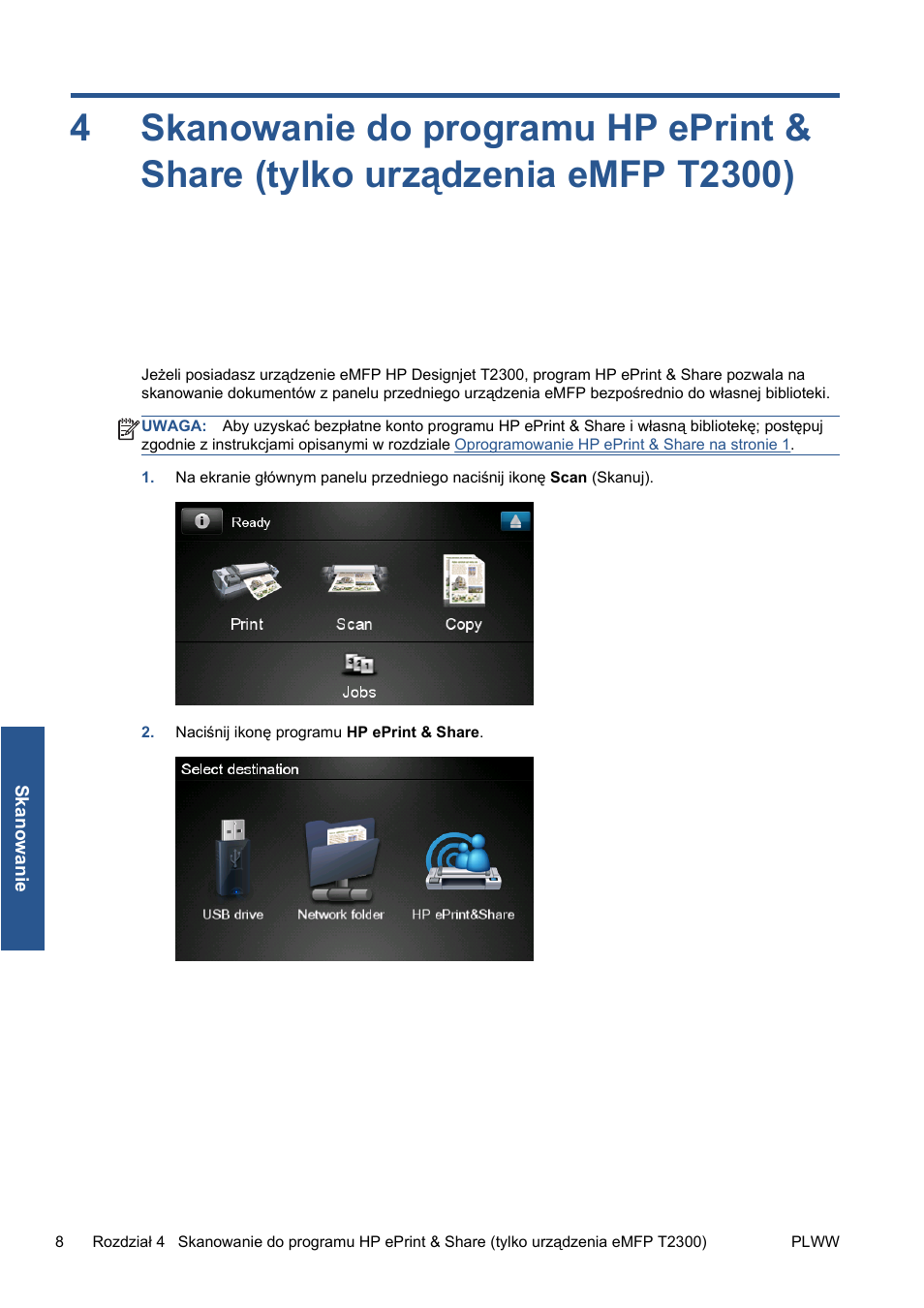 Skanowanie do | HP Серия принтеров HP Designjet T1300 ePrinter User Manual | Page 240 / 412