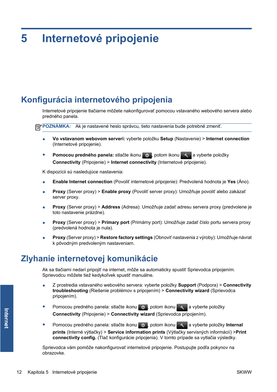 Internetové pripojenie, Konfigurácia internetového pripojenia, Zlyhanie internetovej komunikácie | 5 internetové pripojenie, Zlyhanie internetovej komunikácie na strane 12, 5internetové pripojenie | HP Серия принтеров HP Designjet T1300 ePrinter User Manual | Page 265 / 412