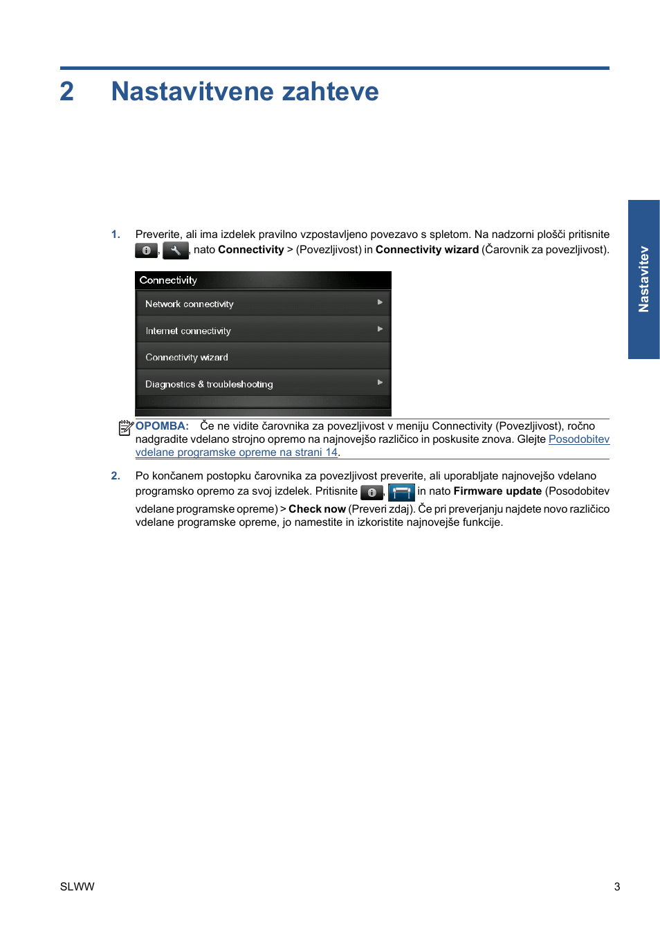 Nastavitvene zahteve, 2 nastavitvene zahteve, Nastavitvene zahteve na strani 3 | 2nastavitvene zahteve | HP Серия принтеров HP Designjet T1300 ePrinter User Manual | Page 277 / 412