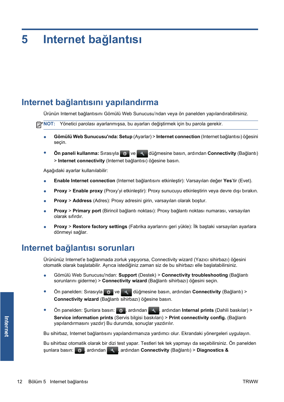 Internet bağlantısı, Internet bağlantısını yapılandırma, Internet bağlantısı sorunları | 5 internet bağlantısı, Internet bağlantısı sorunları sayfa 12, 5internet bağlantısı | HP Серия принтеров HP Designjet T1300 ePrinter User Manual | Page 307 / 412