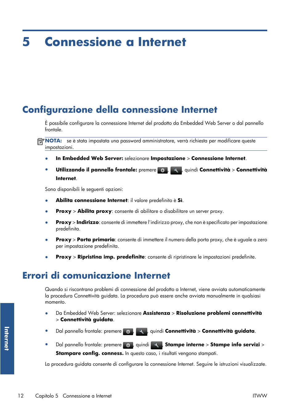 Connessione a internet, Configurazione della connessione internet, Errori di comunicazione internet | 5 connessione a internet | HP Серия принтеров HP Designjet T1300 ePrinter User Manual | Page 59 / 412