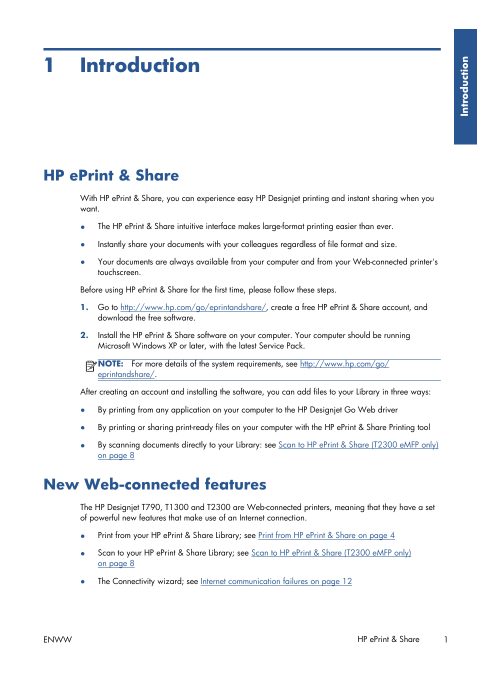 Introduction, Hp eprint & share, New web-connected features | 1 introduction, Hp eprint & share new web-connected features | HP Серия принтеров HP Designjet T1300 ePrinter User Manual | Page 6 / 412