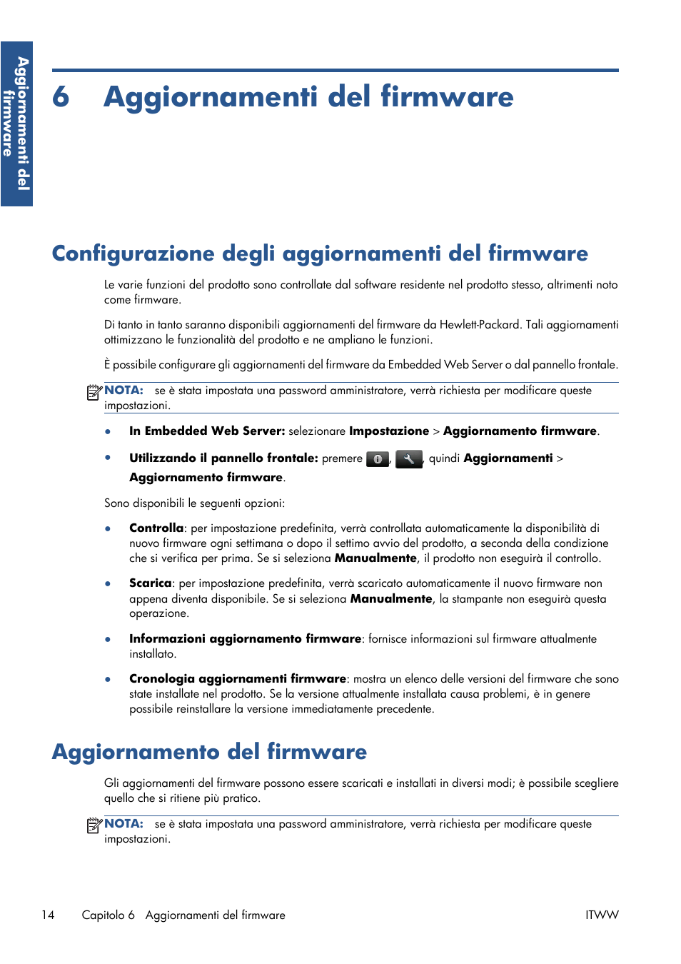 Aggiornamenti del firmware, Configurazione degli aggiornamenti del firmware, Aggiornamento del firmware | 6 aggiornamenti del firmware | HP Серия принтеров HP Designjet T1300 ePrinter User Manual | Page 61 / 412