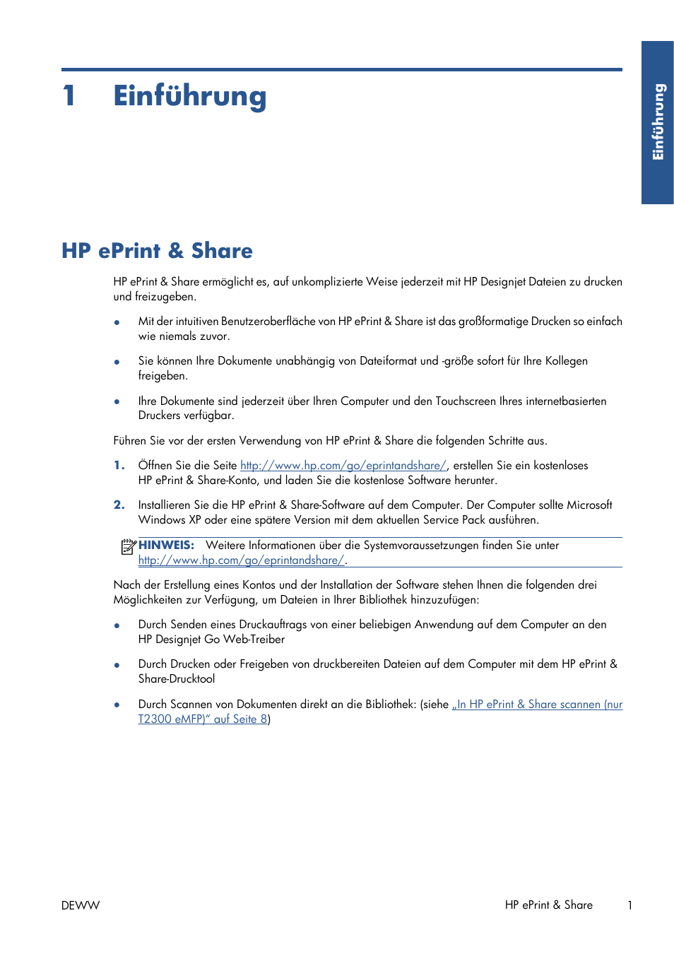Einführung, Hp eprint & share, 1 einführung | HP Серия принтеров HP Designjet T1300 ePrinter User Manual | Page 69 / 412