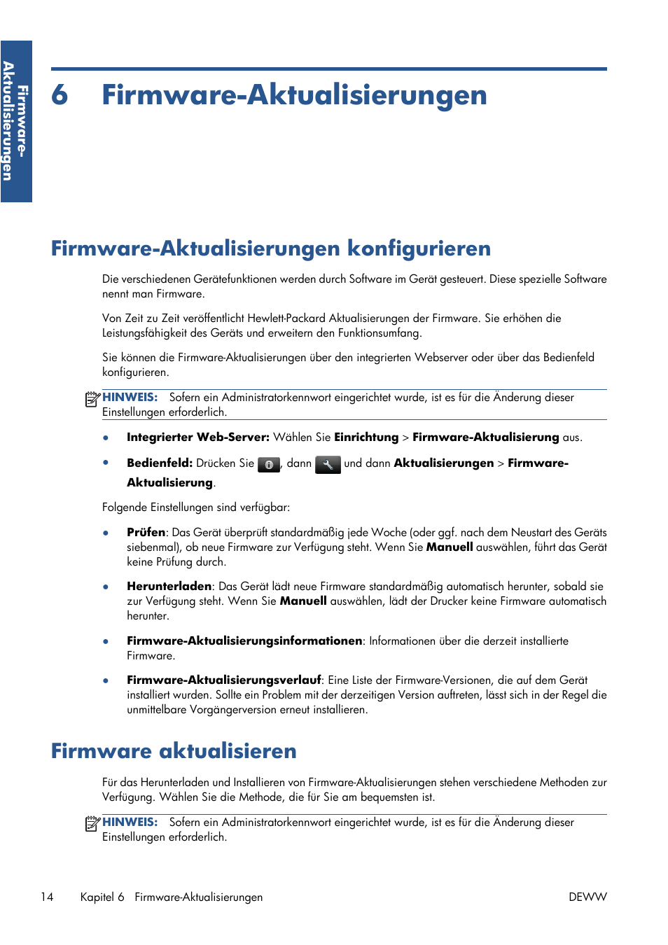 Firmware-aktualisierungen, Firmware-aktualisierungen konfigurieren, Firmware aktualisieren | 6 firmware-aktualisierungen, Siehe | HP Серия принтеров HP Designjet T1300 ePrinter User Manual | Page 82 / 412