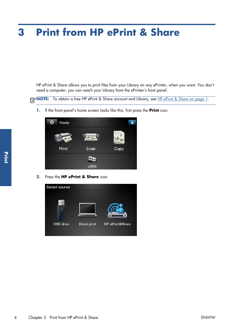 Print from hp eprint & share, 3 print from hp eprint & share | HP Серия принтеров HP Designjet T1300 ePrinter User Manual | Page 9 / 412