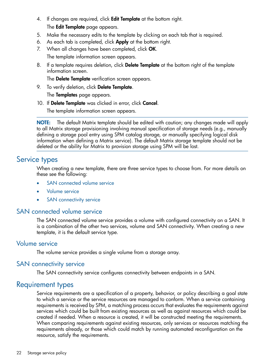 Service types, San connected volume service, Volume service | San connectivity service, Requirement types | HP Matrix Operating Environment Software User Manual | Page 22 / 95